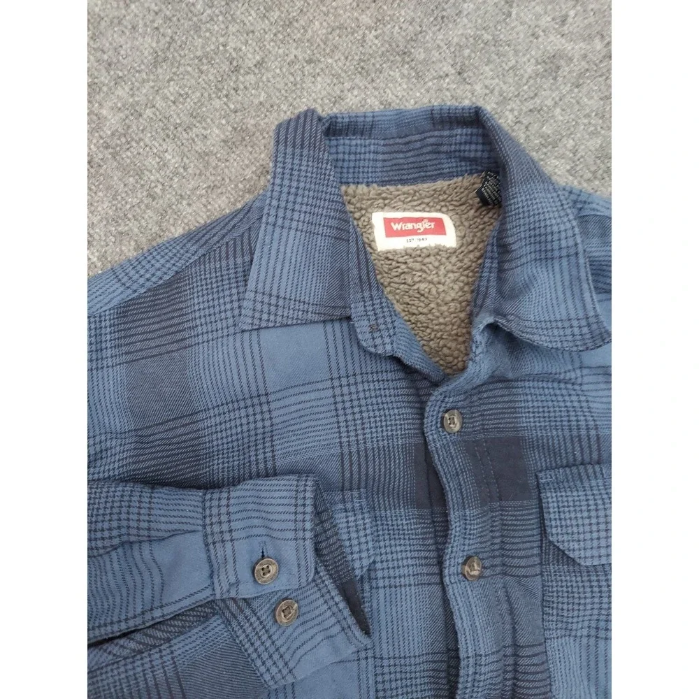 Wrangler Sherpa Lined Flannel Shirt Shacket Mens Medium Blue Plaid Button Front
